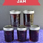 Pin Image: Title, 5 jars of cherry jam stacked on top of each other.