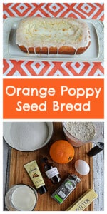 Pin Image: A platter with a loaf of orange bread on it, text title, the ingredients for making orange bread.