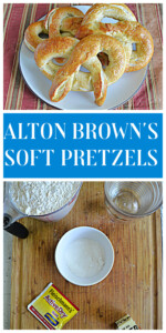 Pin Image: A plate with 3 large, golden brown pretzels on it, text title, a cutting board with a cup of flour, a cup of flour, a packet of yeast, a bowl of baking soda, and a stick of butter on it.