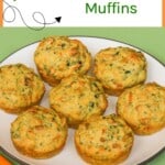 Pin Image: Title, A plate of muffins with a stack of plates behind it and a bunch of carrots in front of it.
