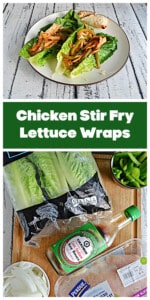 Pin Image: A plate with two lettuce wraps filled with chicken , peppers, and onions with an egg roll on the plate, text title, cutting board with a bag of romaine lettuce, a bottle of soy sauce, a package of chicken, a bell pepper, and an onion.