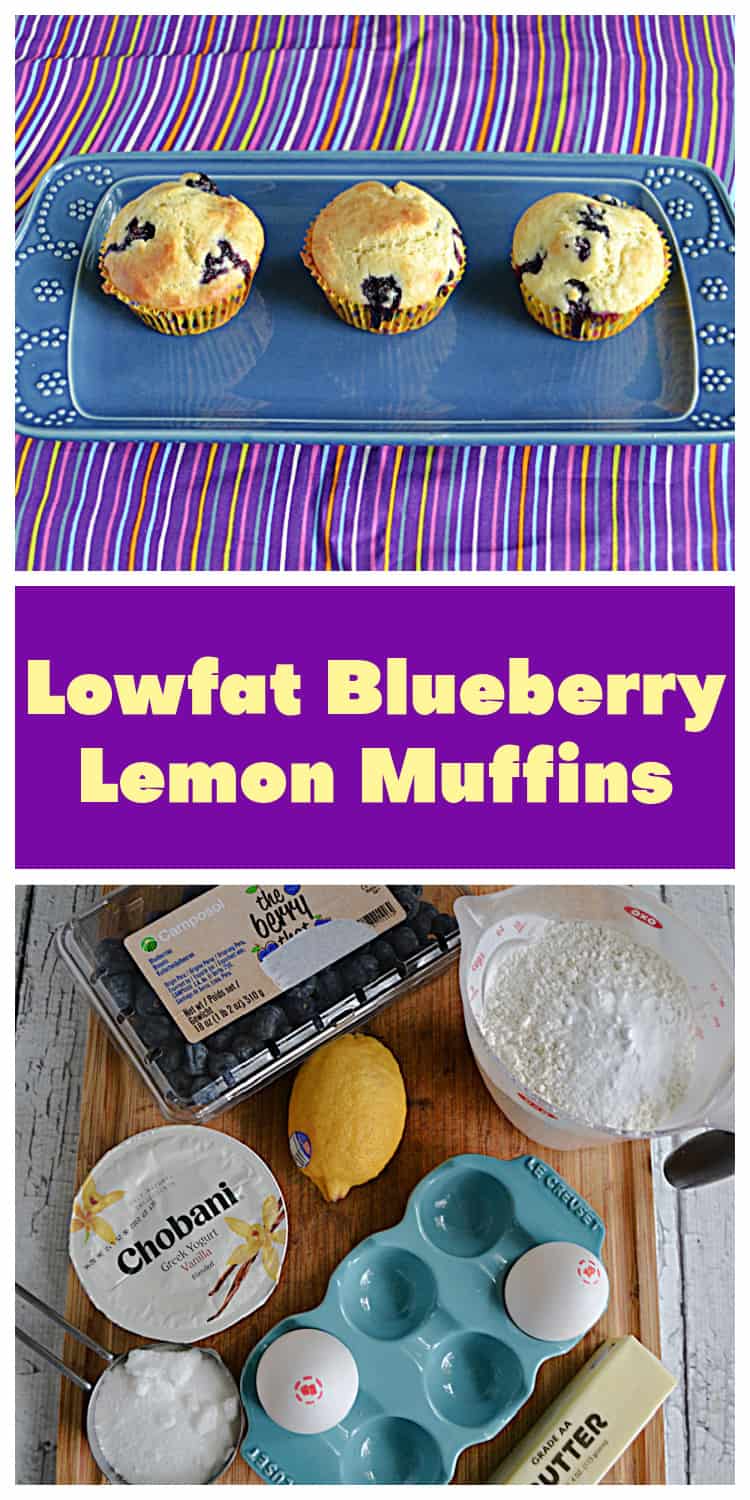 Pin image:  A platter with 3 blueberry muffins on it, text title, a cutting board with the ingredients for making the muffins on it. 