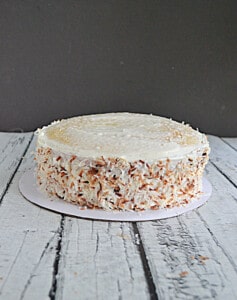 Coconut Cake with toasted coconut on the sides.