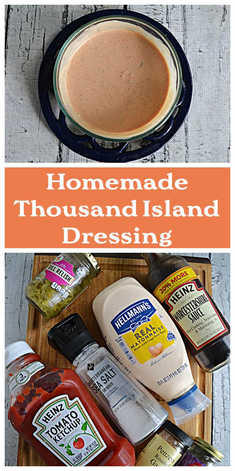 Pin Image:  A bowl of Thousand Island dressing, tect title, a cutting board with a container of relish, a bottle of Worcestershire sauce, a bottle of ketchup, a bottle of mayonnaise, and a jar of salt. 