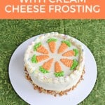 Pin Image: Title, a cake with white frosting and frosting carrots on top.
