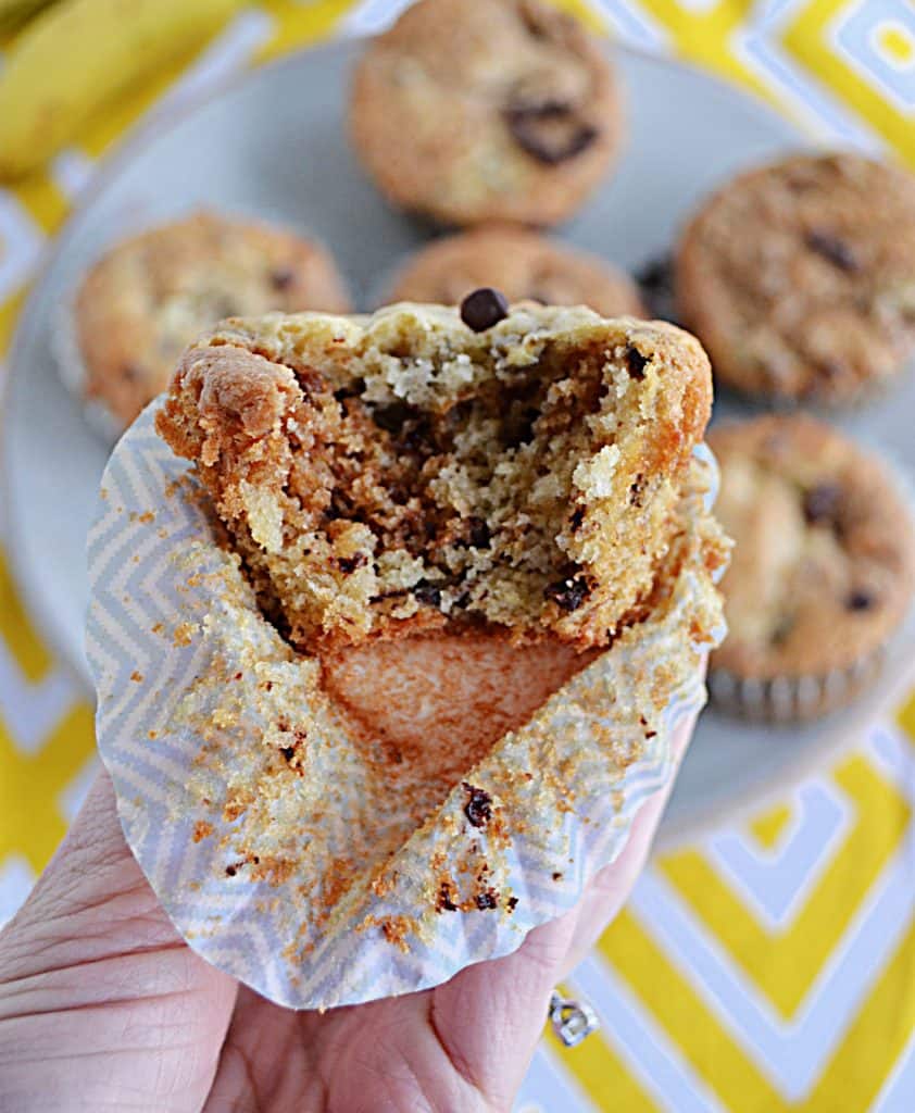 A banana chocolate chip muffin with a bite taken out of it and a plate of muffins in the background.