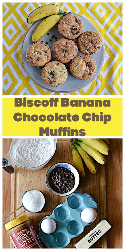 Pin Image: A plate of banana chocolate chip muffins with two mini bananas on the plate, text, a cutting board with a bunch of bananas, a cup of flour, a cup of chocolate chips, cookie butter, eggs, and a stick of butter on it. 