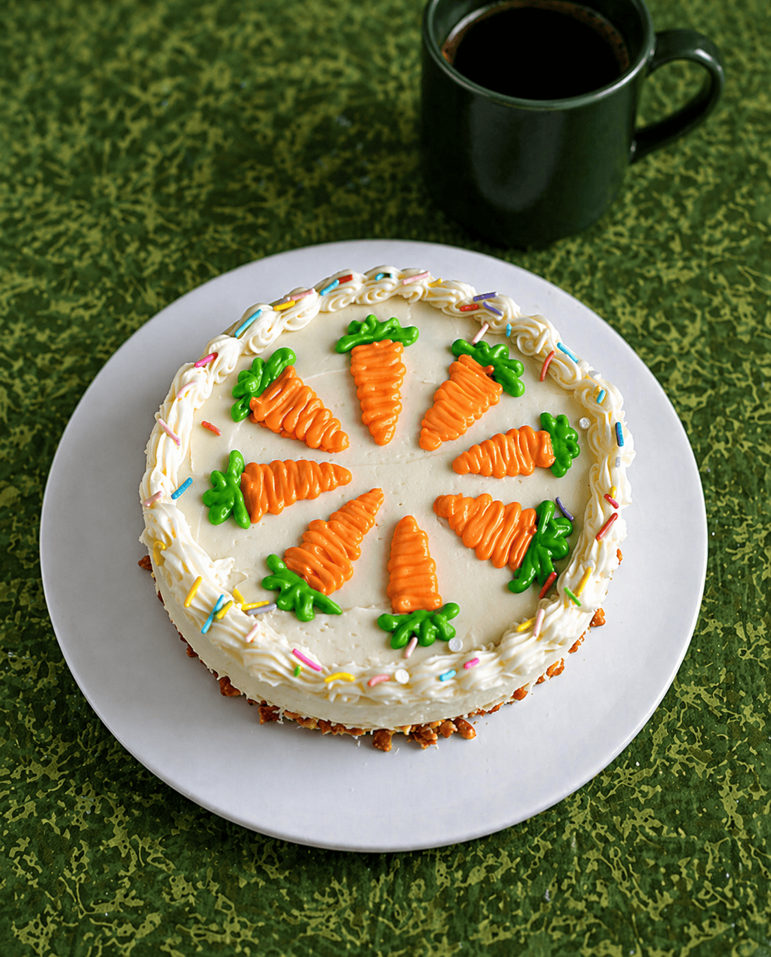 A cake with white frosting and orange frosting carrot decorations.