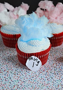 A close up of a cupcake in a red wrapped with blue cotton candy on top.