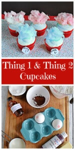 Pin Image: A bunch of cupcakes in red liners with blue and pink cotton candy on top, text title, a cutting board with all the ingredients to make the cupcakes.