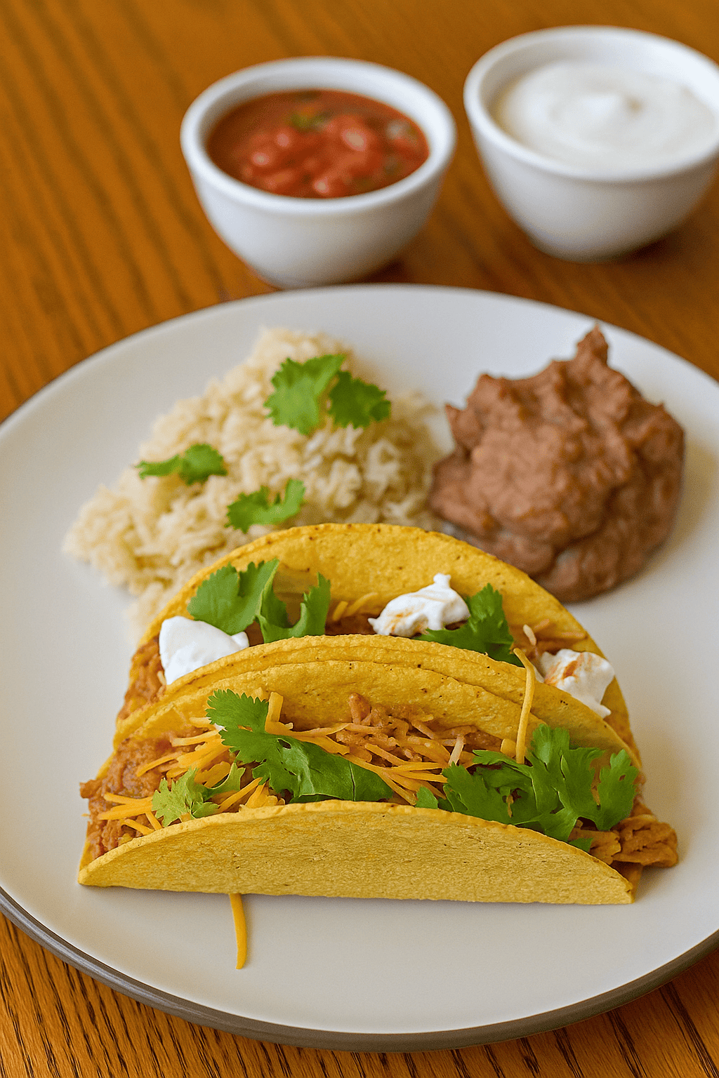 A plate with two tacos, a scoop of rice, a scoop of beans, and bowls of salsa and sour cream behind the plate. 