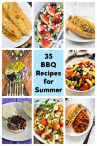 Pin Image Collage: a plate with two ears of corn, a platter with grilled watermelon wedges, a plate with a hot dog topped with sauerkraut, a bowl of fruit salad, text title, a bowl of Mexican pasta salad, a burger with blueberry bbq sauce, a bowl of caprese salad,