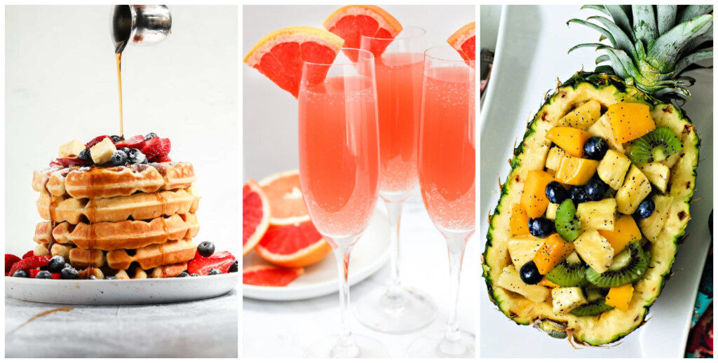 Pin Collage:  A stack of waffles with a bottle of syrup pouring on top of them, a trio of glasses with a pretty pink cocktial in them, a pineapple hollowed out and filled with fruit salad. 