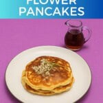 Pin Image: Title, a plate of pancakes with a carafe of syrup behind it.