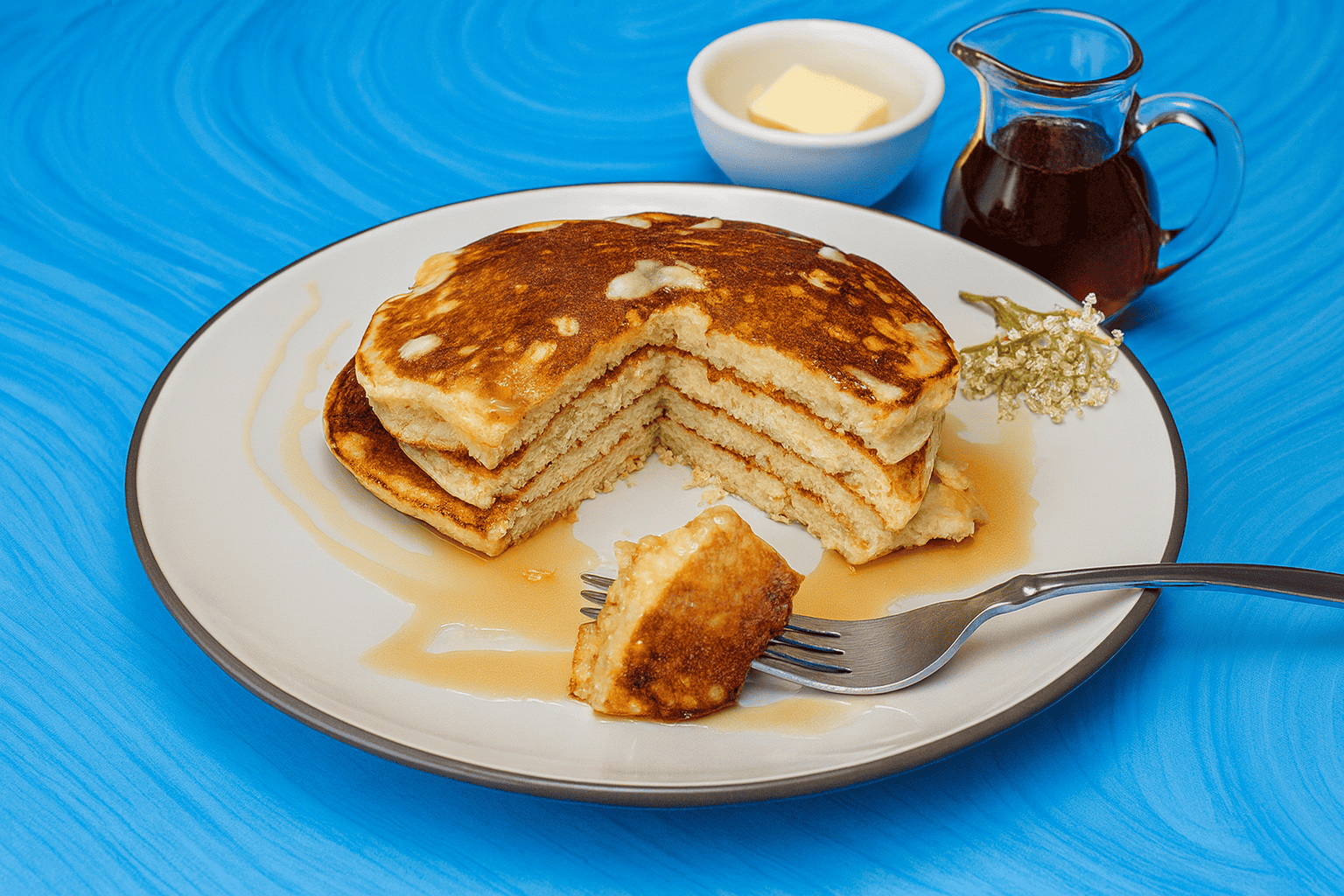 A plate of pancakes with a slice cut out of the pancakes. A bowl of butter and carafe of syrup behind the plate.