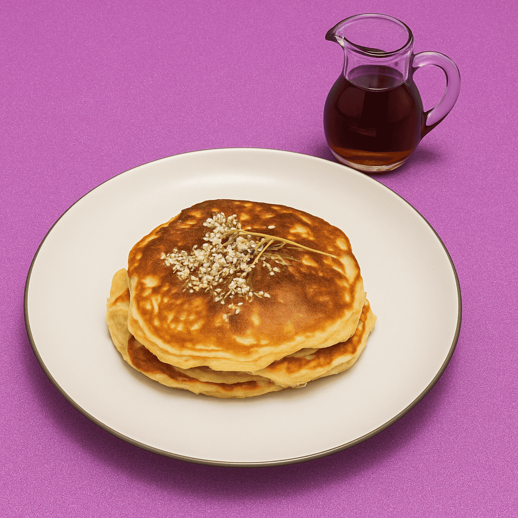A plate with a stack of pancakes with elderberry flowers on top and a carafe of syrup behind the plate.