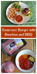 Pin Images: A top view of a burger with caramelized onions on top, a bun with BBQ sauce, tater tots, and mixed vegetables, text title, Ingredients on a cutting board.