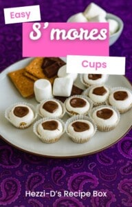 Pin Image: Title, A plate of s'mores cups with a few graham crackers, chocolate pieces, and marshmallows on the plate.