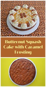Pin Image: A butternut squash cake topped with frosting, caramel drizzle, and pecans, text, a butternut squash cake.