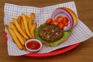 A basket with a burger topped with tomatoes and onions and a side of fries.