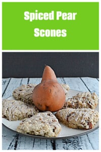 Pin Image: Text title, a plate of scones with a fresh pear in the middle.
