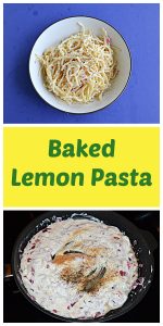 Pin Image: A bowl of spaghetti tossed with creamy lemon sauce and topped off with Parmesan cheese, text, a skillet with a cream sauce sprinkled with spices.