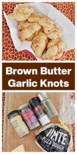 Pin Image: A basket of Garlic Knots, text title, all the ingredients for Garlic Knots.