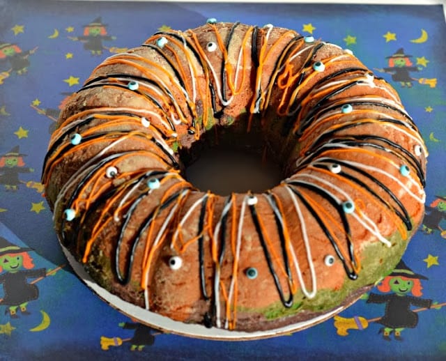 Fun tri-colored Monster Bundt Cake with sugar eyes!