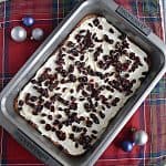 A pan of cranberry bliss bars with dried cranberries on top and Christmas ornaments on either side.