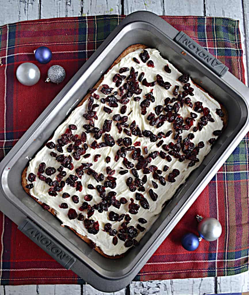 A pan of cranberry bliss bars with dried cranberries on top and Christmas ornaments on either side.