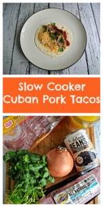 Pin Image: A tortilla filled with pork, cheese, ad cilantro, text title, ingredients for the pork tacos.