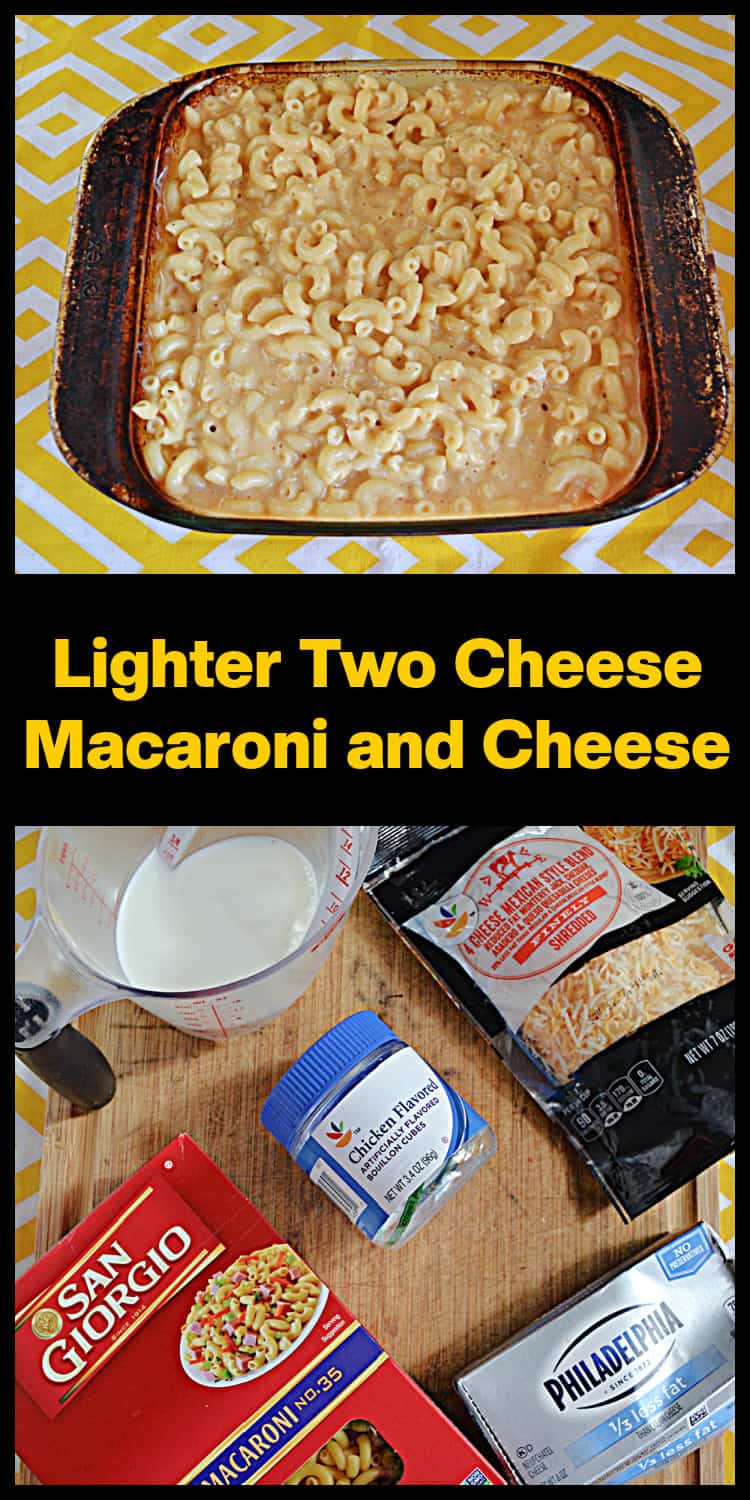 Pin Image:   A baking dish of macaroni and cheese, title, ingredients on a cutting board.