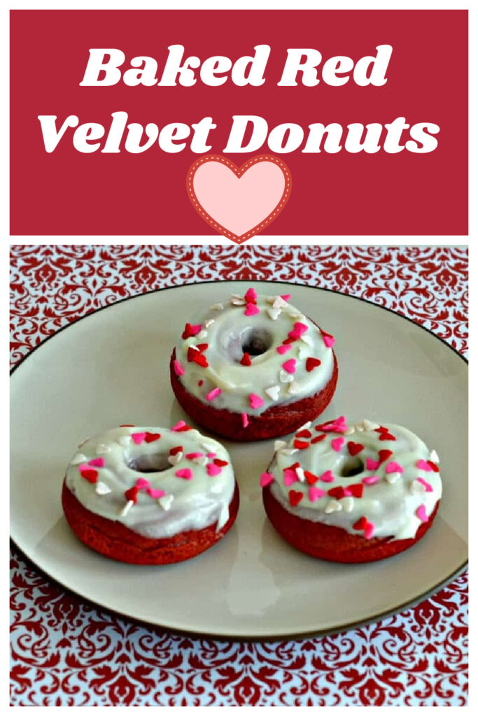 Pin Image: Text, a plate with three red velvet donuts topped with cream cheese frosting and pink and red sprinkles.