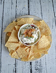 A plate with a bowl of onion dip in the middle surrounded by tortilla chips.