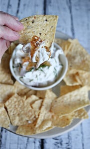 A close up of a hand holding a tortilla chip with onion dip on it.