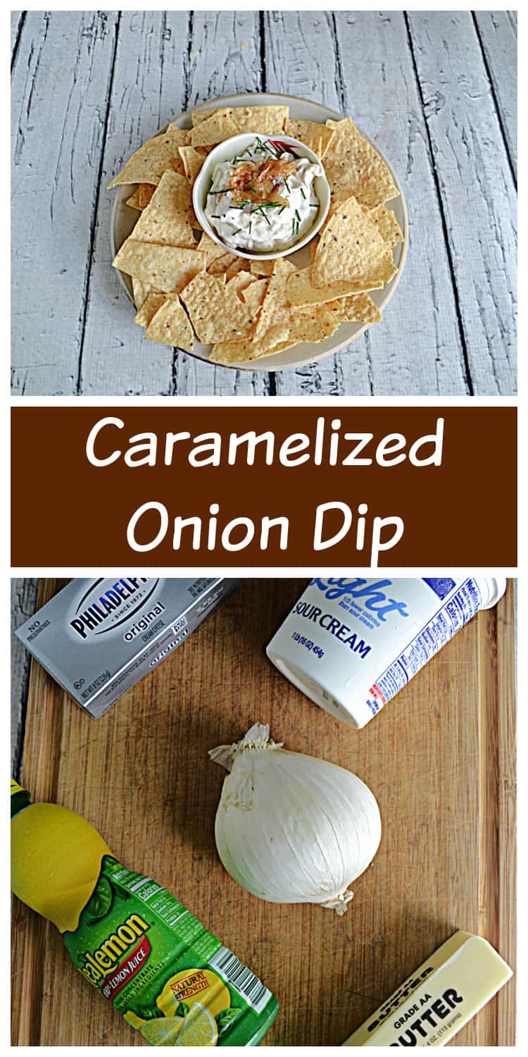Pin Image:  A plate with a bowl of onion dip in the middle surrounded by tortilla chips, text title, a cutting board with a package of cream cheese, a container of sour cream, an onion, a bottle of lemon juice, and a stick of butter.