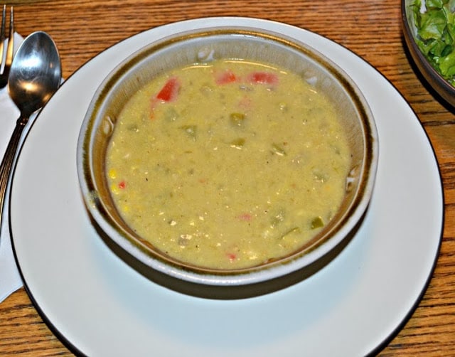 Vegetarian Corn and Green Chili Bisque is healthy and delicious on a cold night.