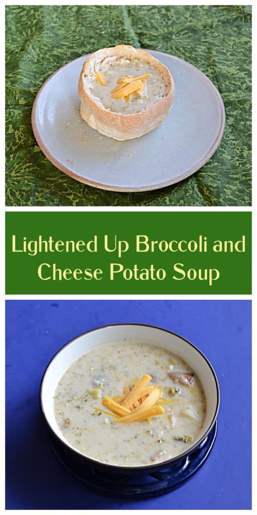 Pin Image: A plate with a bread bowl filled with creamy Broccoli and Cheese Potato Soup topped with shredded cheese, text, a bowl of creamy Broccoli and Cheese Potato Soup topped with shredded cheese. 
