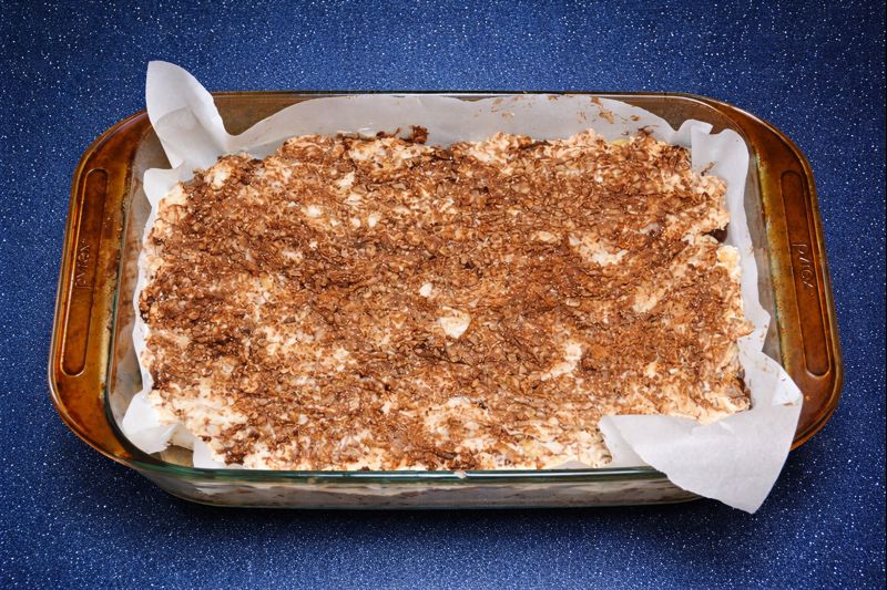 A pan of chocolate and almond nougat.