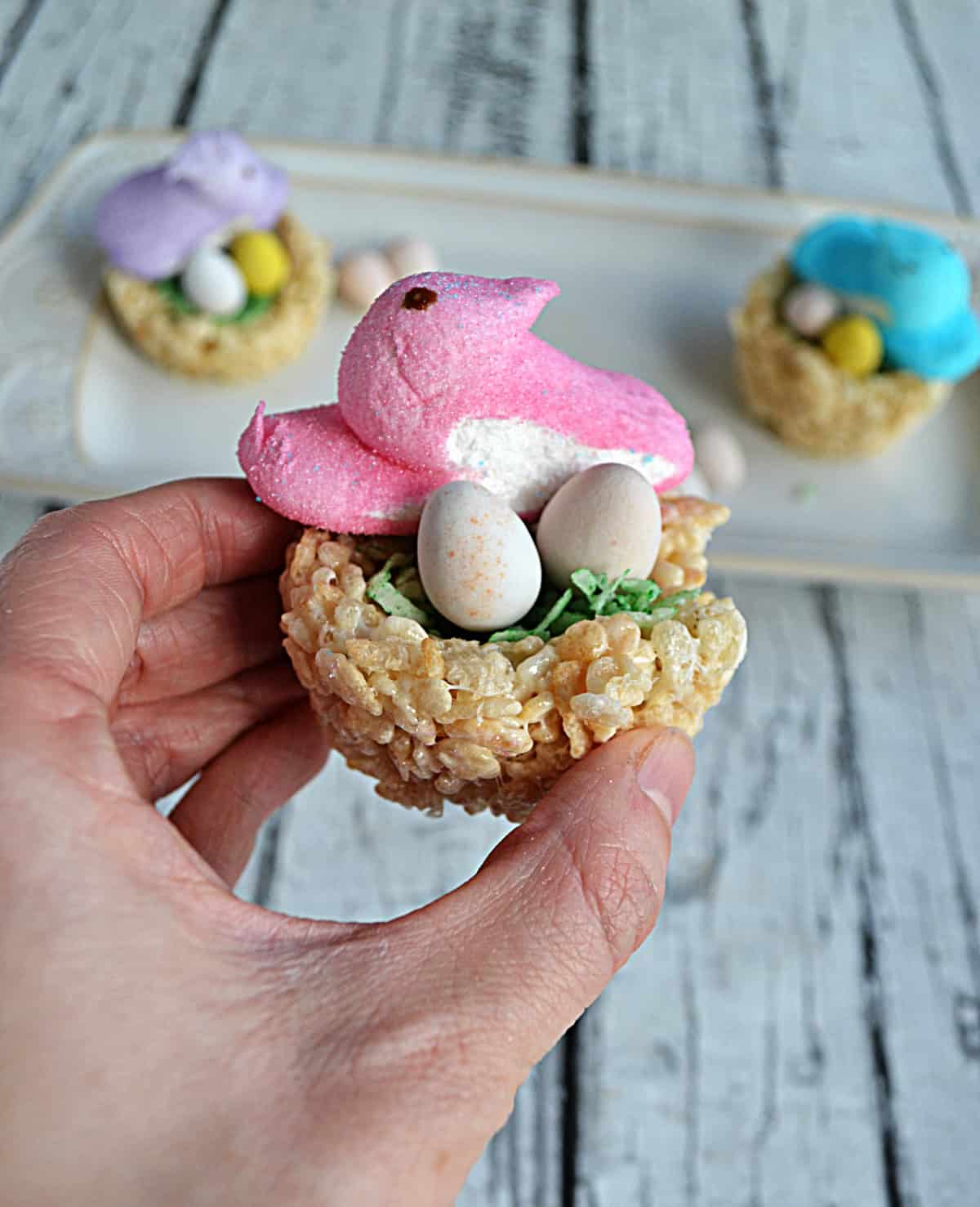 A hand holding a Rice Krispies treat nest with a Peep and candy eggs on top.