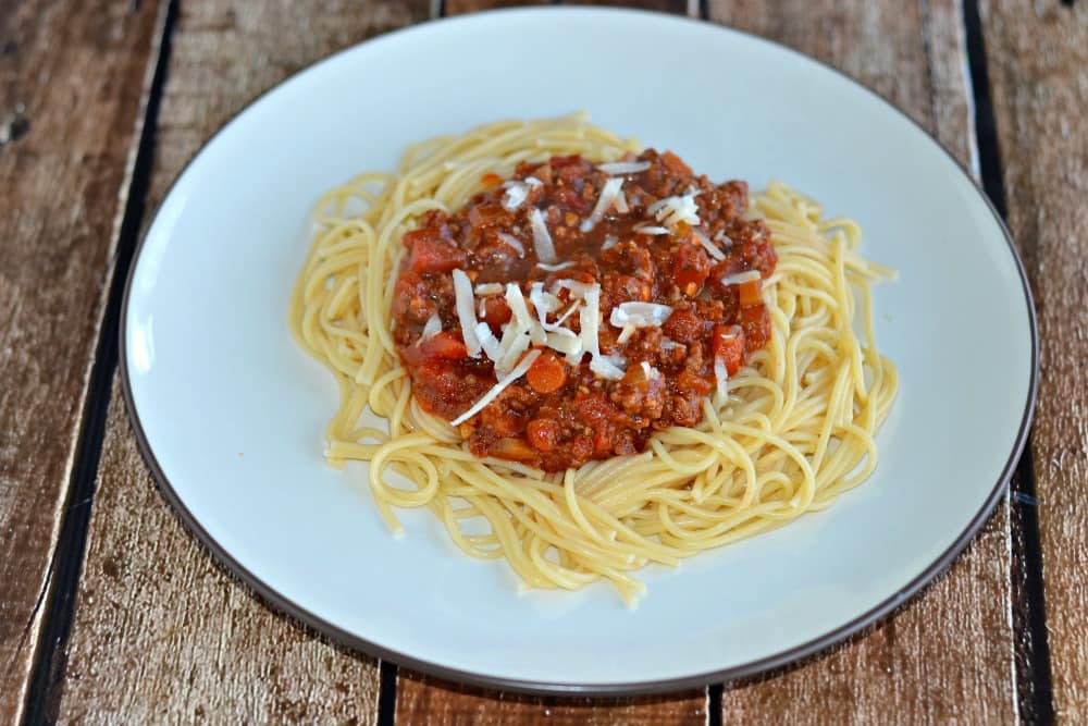 Bolognese Sauce is made with red wine, ground beef, and fresh vegetables from Hezzi-D's Books and Cooks