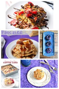 Pin image: A strawberry and chocolate French toast casserole on a plate, a plate piled high with pancakes swimming in syrup, a platter with threre Galaxy frosted donuts, a pan of strawberry cinnamon rolls, a plate with a blueberry muffin on it.