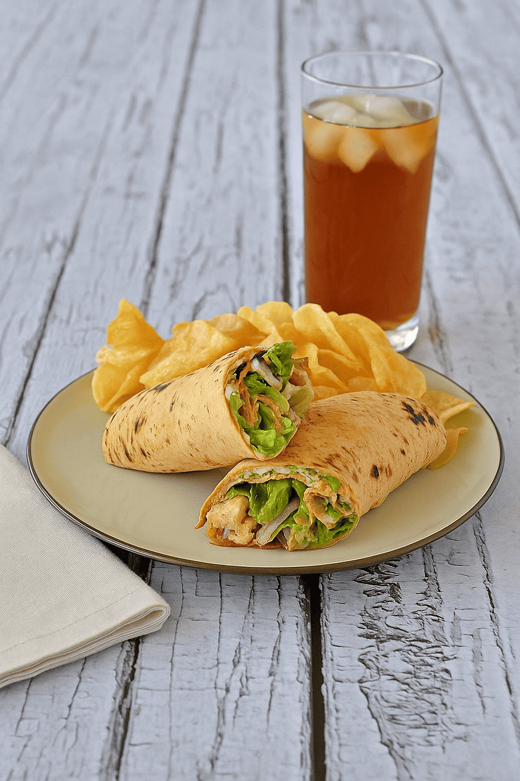 A plate with a chicken wrap cut in half and a handful of chips on it with a glass of iced tea behind it. 