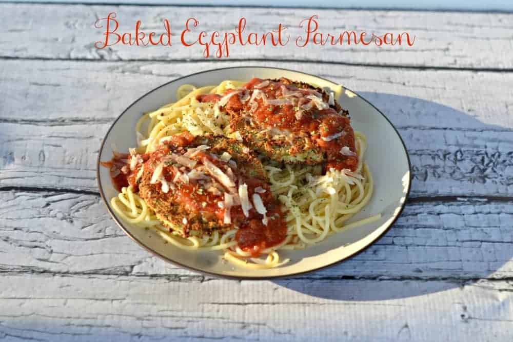A plate of spaghetti and baked eggplant with the text Baked Eggplant Parmesan on the photo.