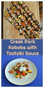 Pin Image: a cutting board with 4 skewers made from blackened pork, colorful vegetables like peppers and onions, text overlay, and a plate piled with white rice, grilled pork, grilled ped peppers, zucchini, and onions, topped with a spoonful of Tzatziki sauce.