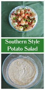 Pin Image: A bowl of Southern Potato Salad, Text Title, a bowl with dressing in it.
