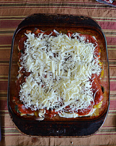 Lasagna in a pan.