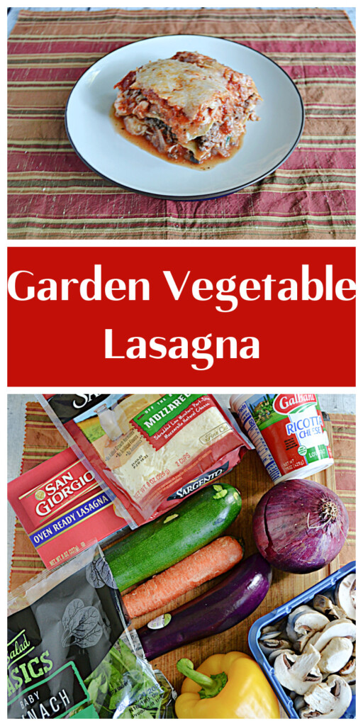 Pin Image:  A plate with a large slice of lasagna on it, text title, a cutting board with a bag of cheese, a box of lasagna noodles, a container of ricotta cheese, a zucchini, a carrot, a container of mushrooms, a bag of spinach, and an onion on it. 