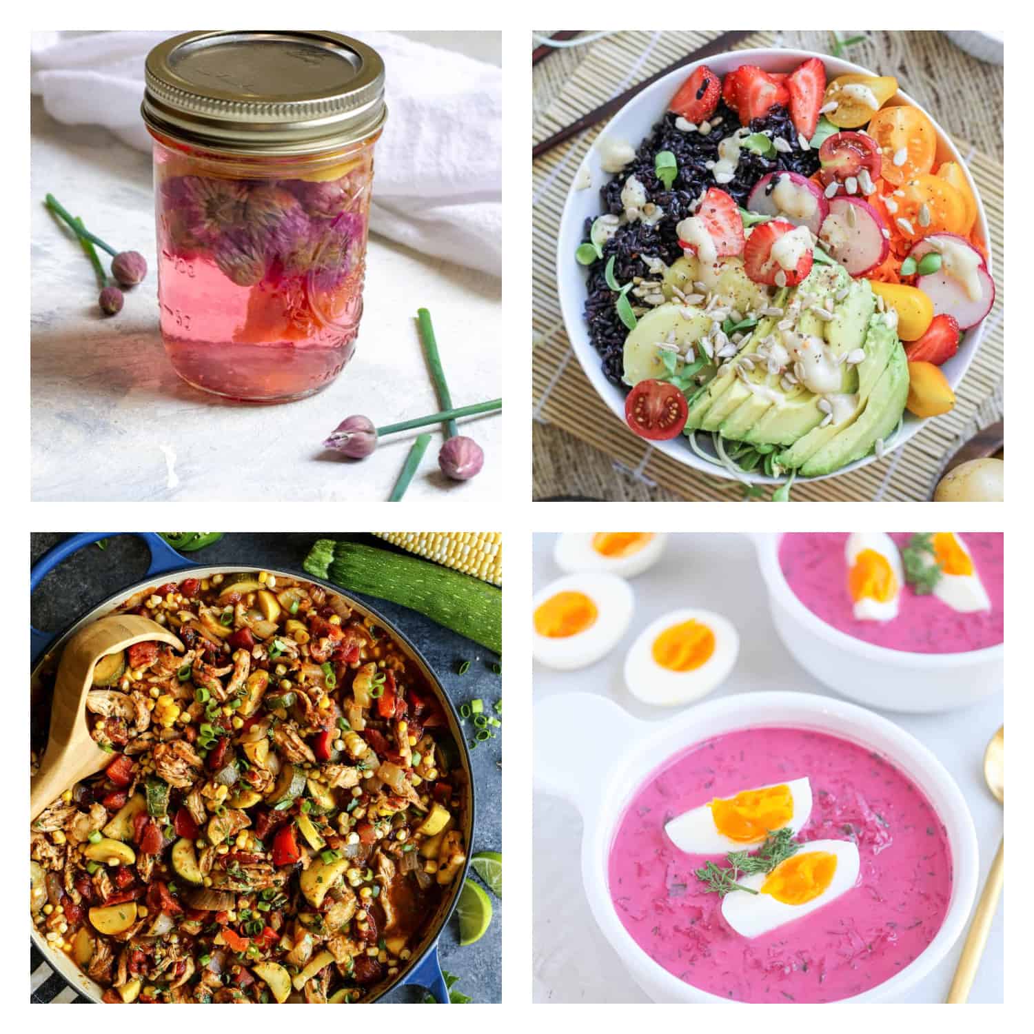 Pin Collage:   A jar of vinegar, a bowl of salad, a bowl of pink soup with eggs, and a bowl of vegetables. 