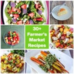 Pin Collage: A bowl of salad, a scone, a bowl of caprese, a plate of carrots, pasta salad, a bowl of fruit salad.
